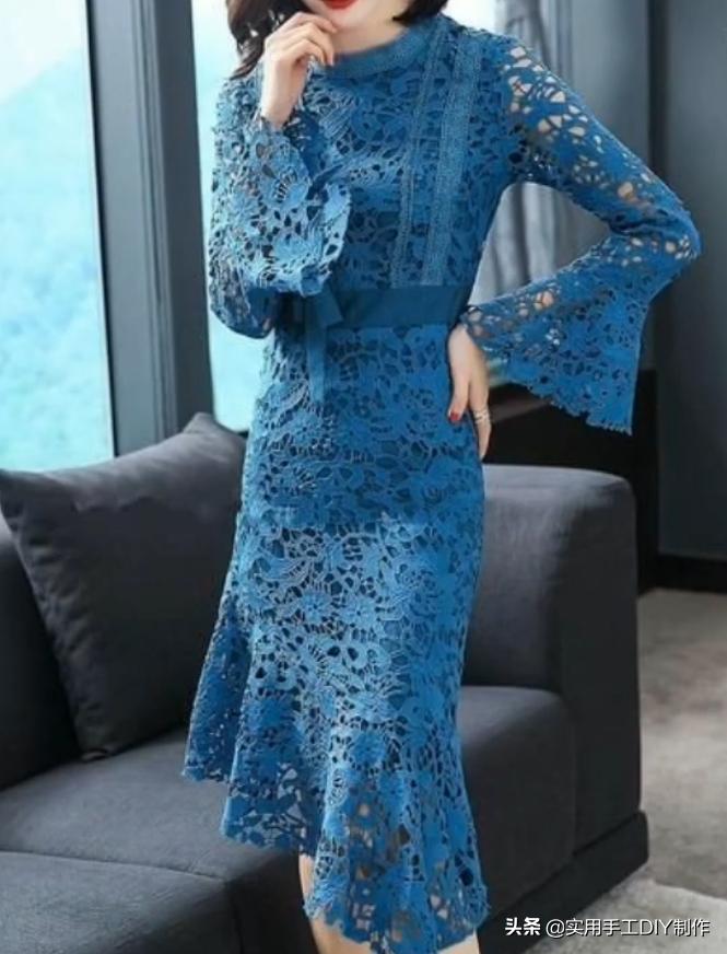 蕾丝镂空花连衣裙制作款式,钩花镂空蕾丝拼接连衣裙