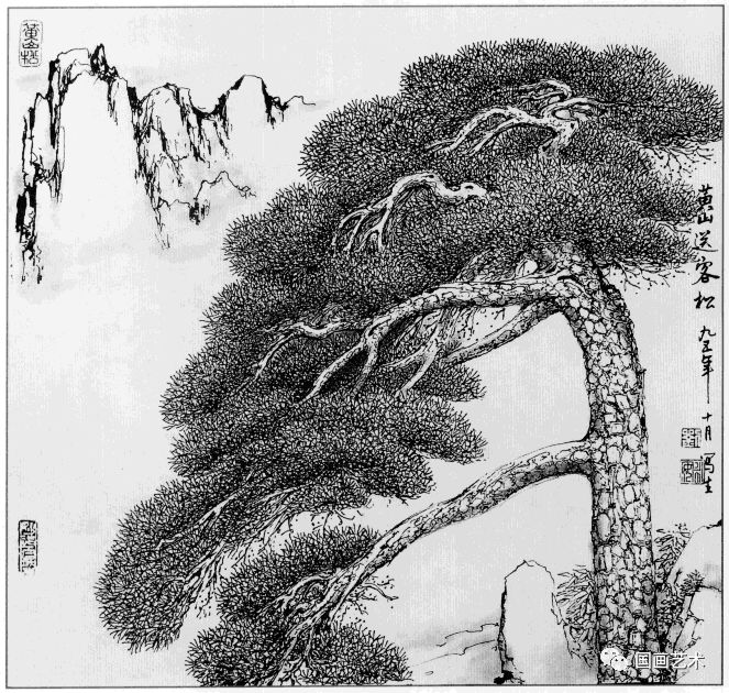 日式线描松树波浪纹,深度线描儿童画松树