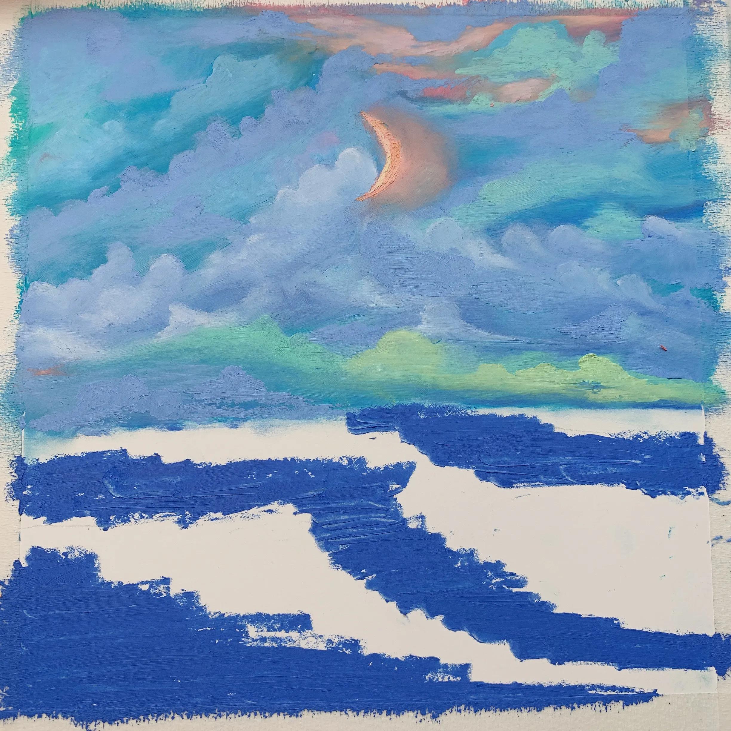 油画作品大海教程,落日大海油画棒作品简单