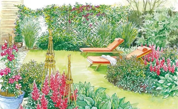 手绘清新小花园,日式庭院迷你小花园手绘