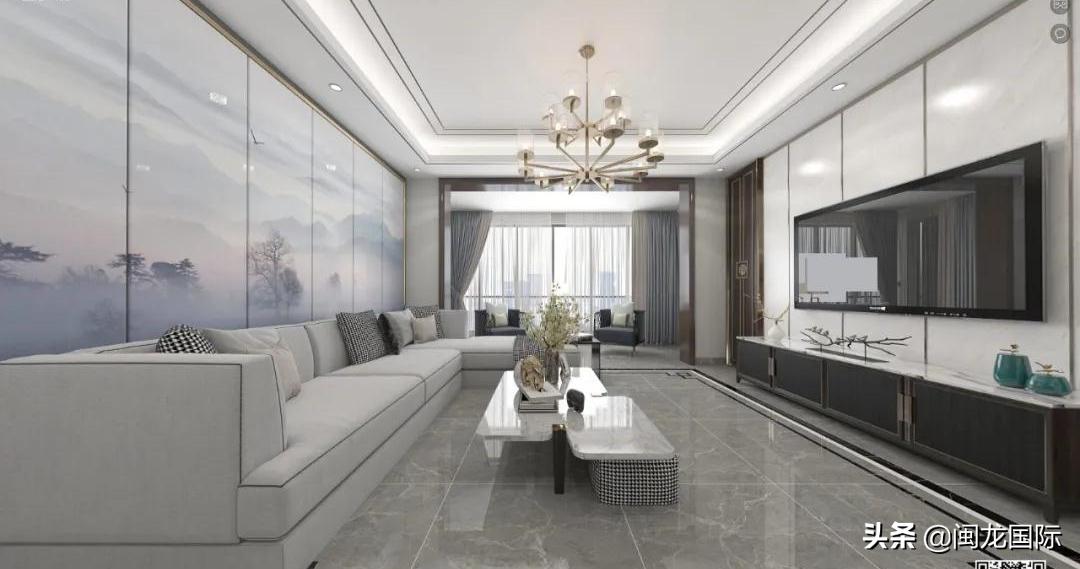 轻奢风格客厅用深色地砖效果图,现代轻奢装修风格地砖选什么颜色