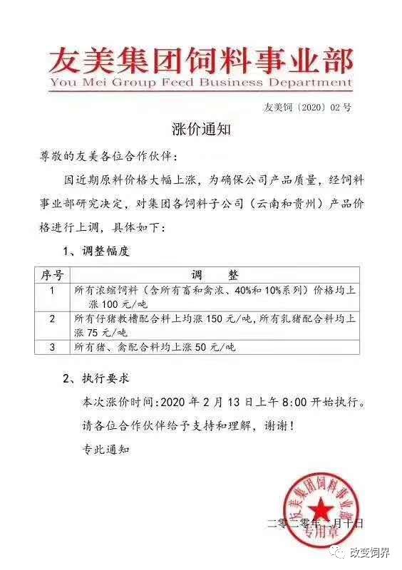 饲料行业涨价通知,饲料降价通知最新