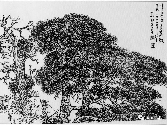 日式线描松树波浪纹,深度线描儿童画松树