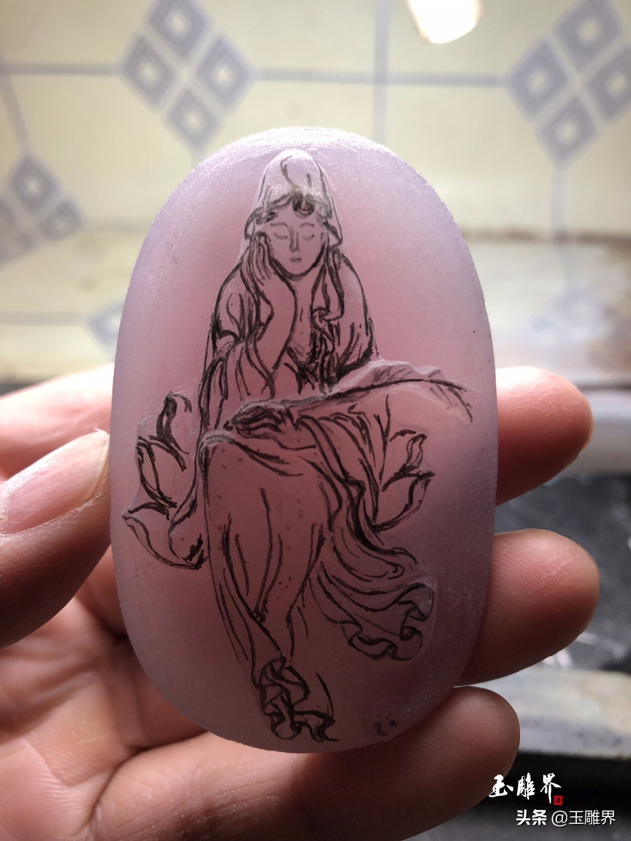 罕见绝美雪景玉雕,和田玉精美观音