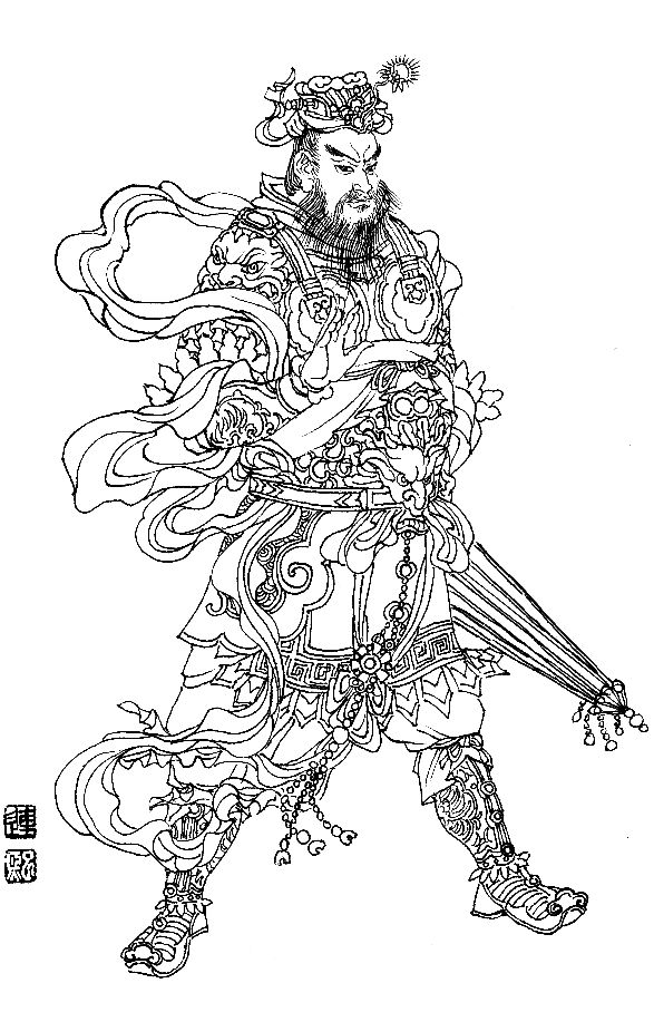 彭连熙工笔白描人物作品,工笔戏曲净角人物白描底稿