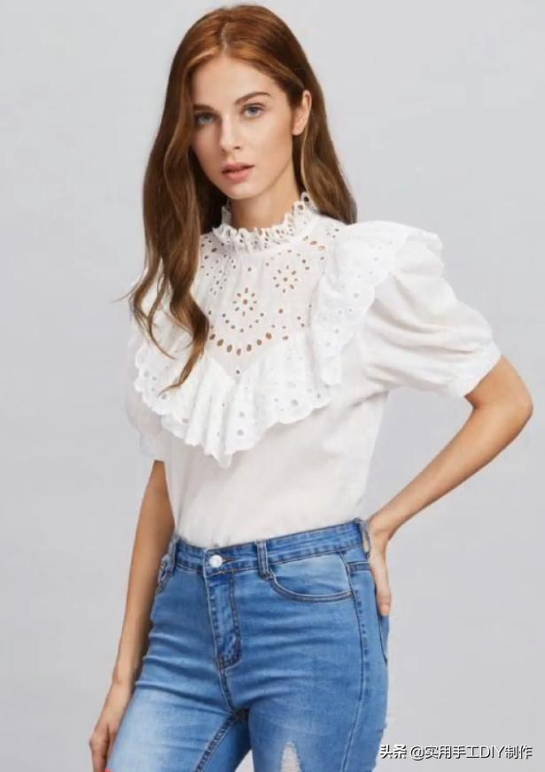 2020蕾丝领时尚气质纯色衬衣,时尚设计荷叶花边纽扣套头衬衫