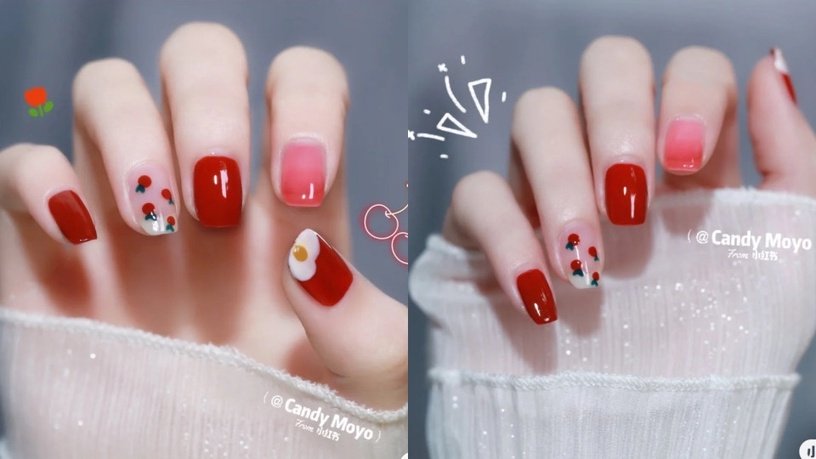 2023橘色果冻色美甲图片,冰透红显白美甲款式图片