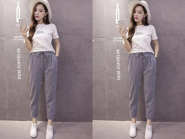 哈伦裤搭配什么t恤好看,时尚不规则开叉短t恤配哈伦裤