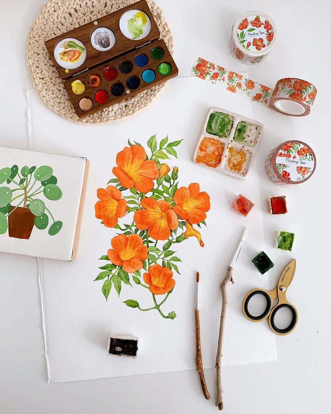 超美水彩画治愈,韩国女孩画画