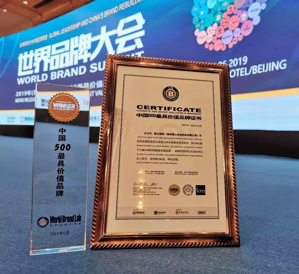 雷士照明2019品牌价值326.95亿元，连续八年蝉联照明行业第一