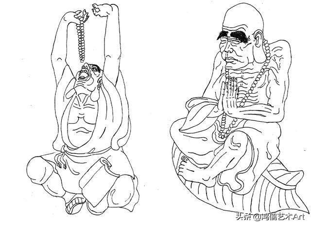 十八罗汉拜观音白描图,十八罗汉李云中白描人物图谱