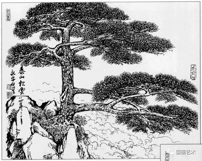 日式线描松树波浪纹,深度线描儿童画松树