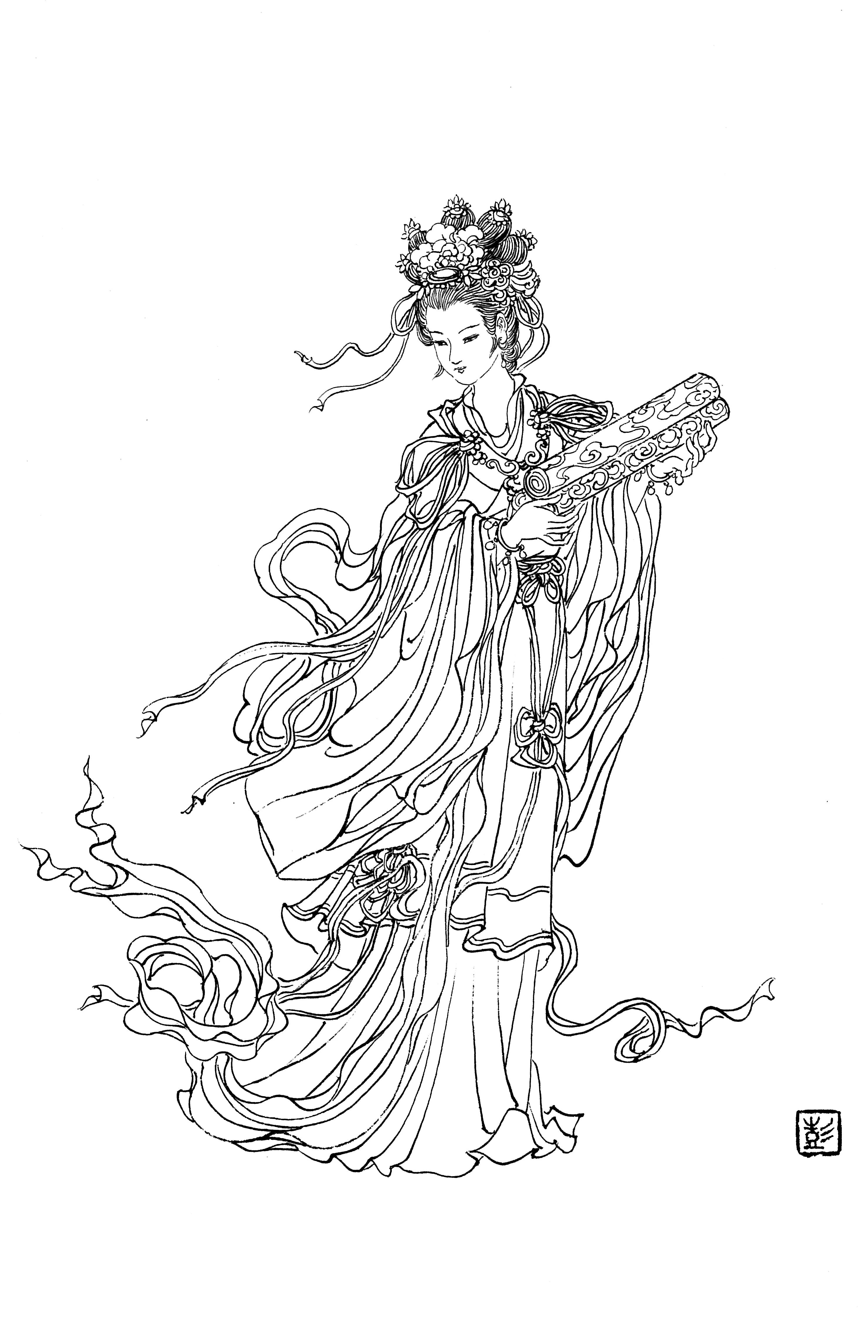 彭连熙工笔白描人物作品,工笔戏曲净角人物白描底稿