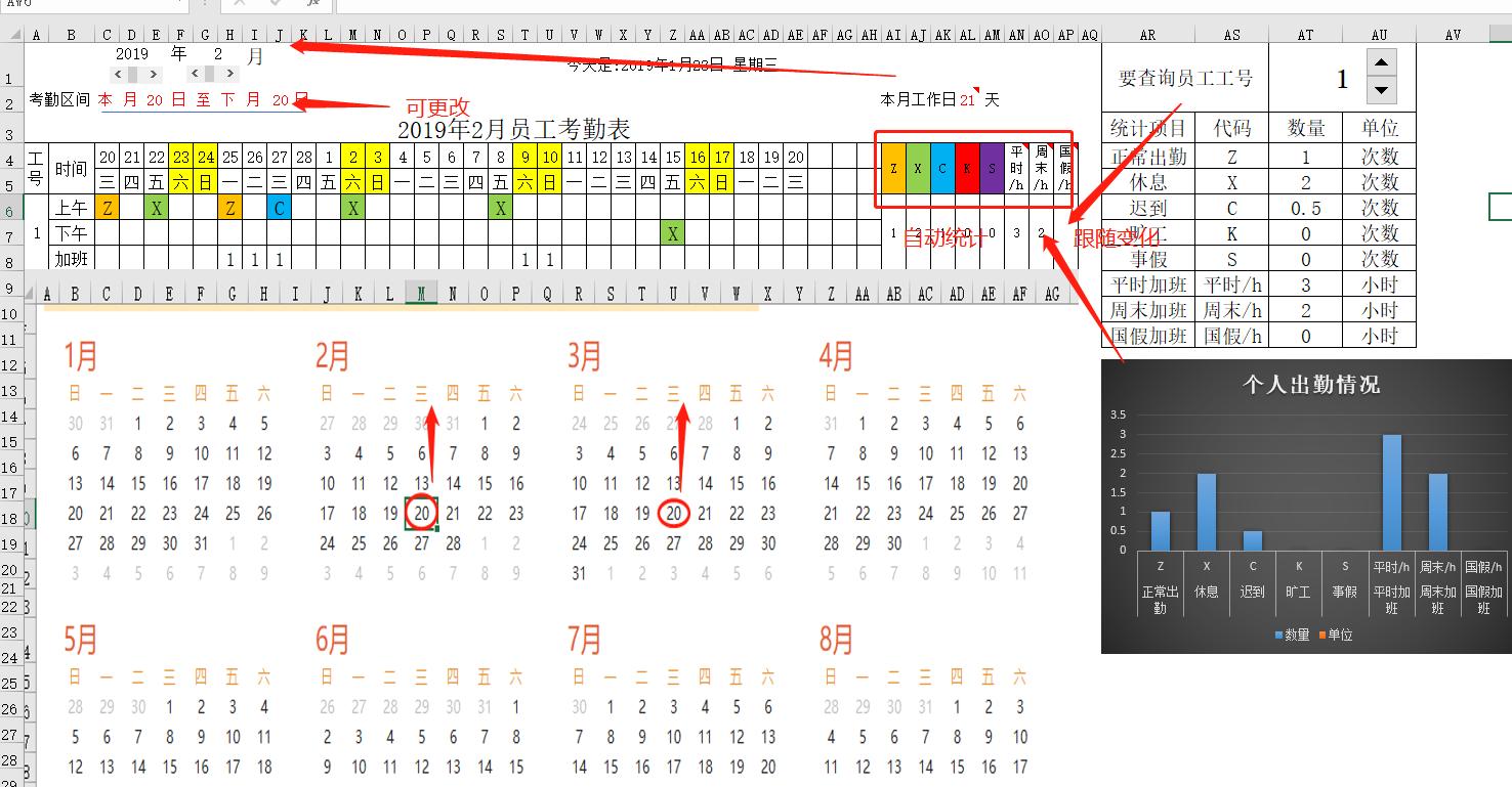以前考勤表怎么修改成1到12个月,设置自动更改日期的考勤表