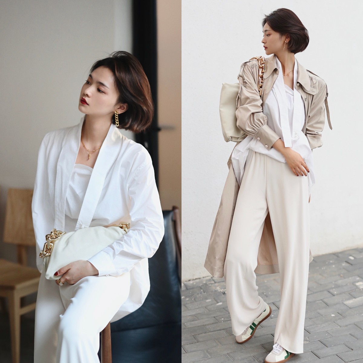 秋款短衫配牛仔阔腿裤穿,上紧下松穿搭阔腿裤加衬衫