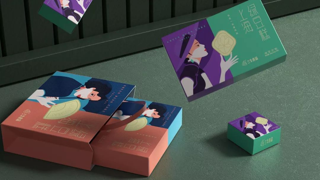 樱花绿豆糕包装盒,包装上印有福字的绿豆糕