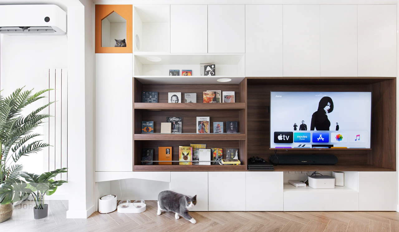 这家的电视柜既能收纳,也是喵星人乐园